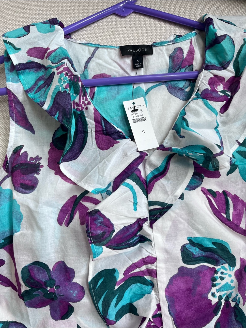 NWT Talbots sleeveless ruffle floral top-white with teal and purple floral print - Picture 8 of 10